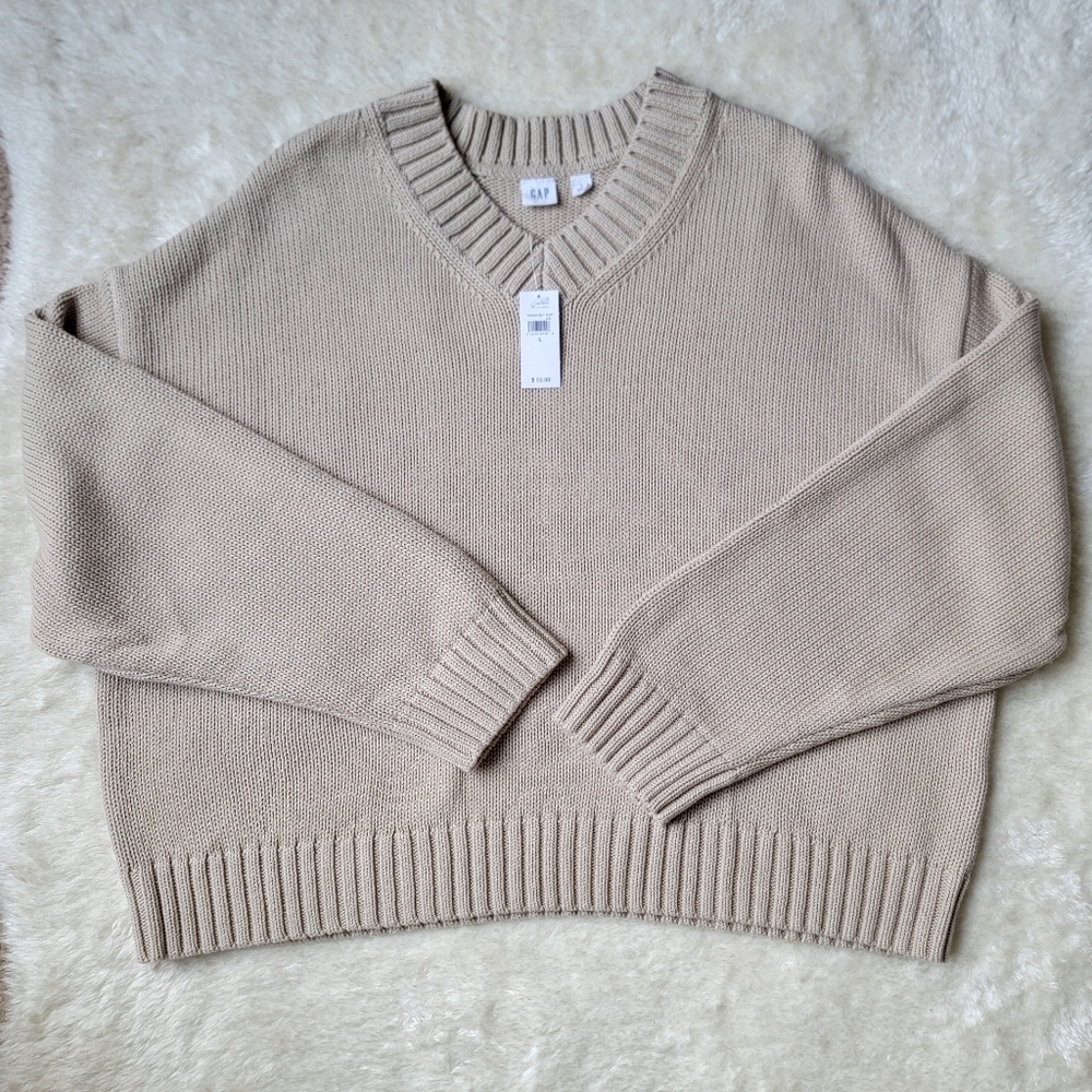 (sold) BUNDLE x2: 100% cotton knit oversized v-neck beige + strawberry pink, L - Picture 6 of 10